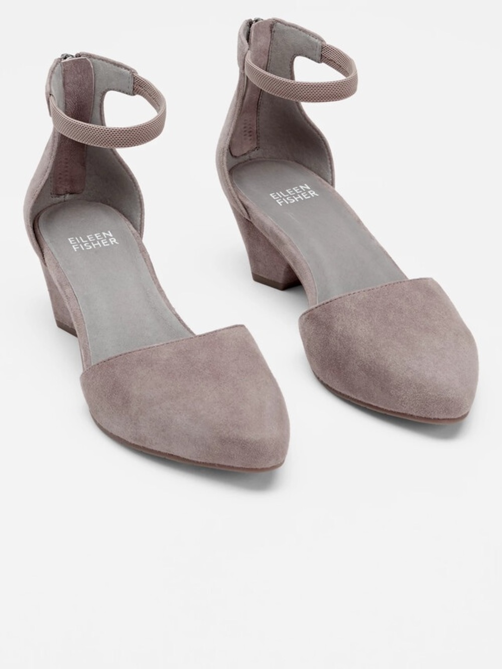 EILEEN FISHER “Just Suede” Ankle-Strap Pump in Dusty Taupe / US 11